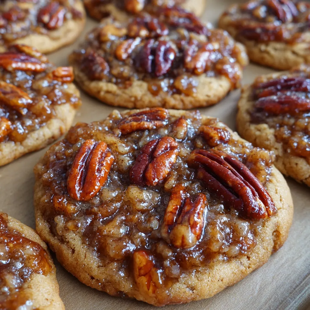 Plate of pecan pie cookies with pecans scattered around on a rustic table.