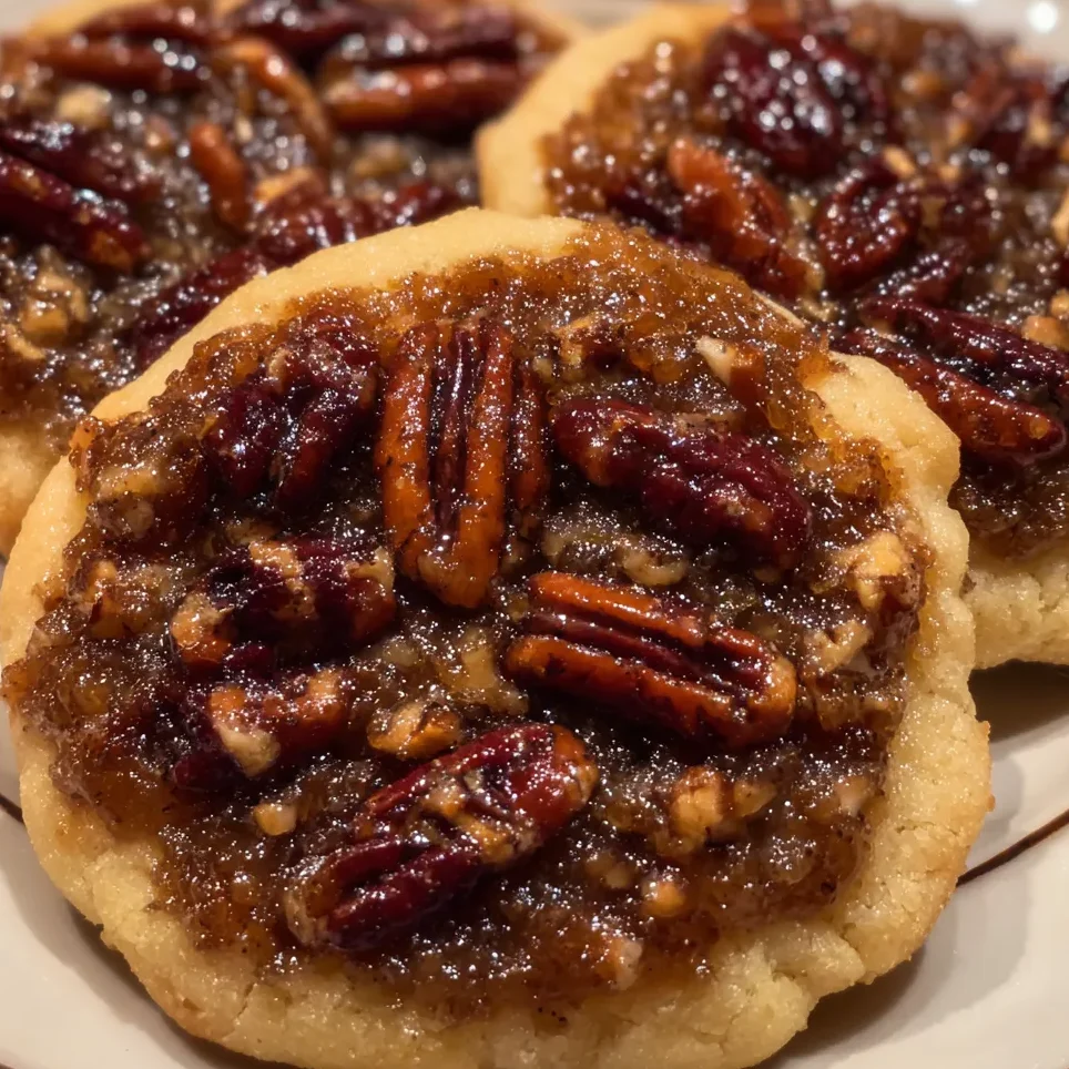 Close-up of cookie broken in half showing tender cookie base and sticky pecan topping.