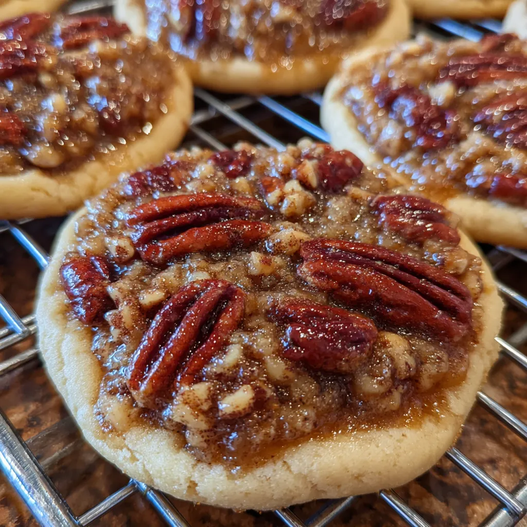 Baking tray of pecan pie cookies with pecans glistening on top.