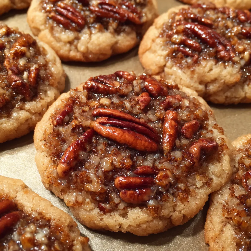 Close-up of cookie broken open showing tender cookie crumb and sticky pecan topping.