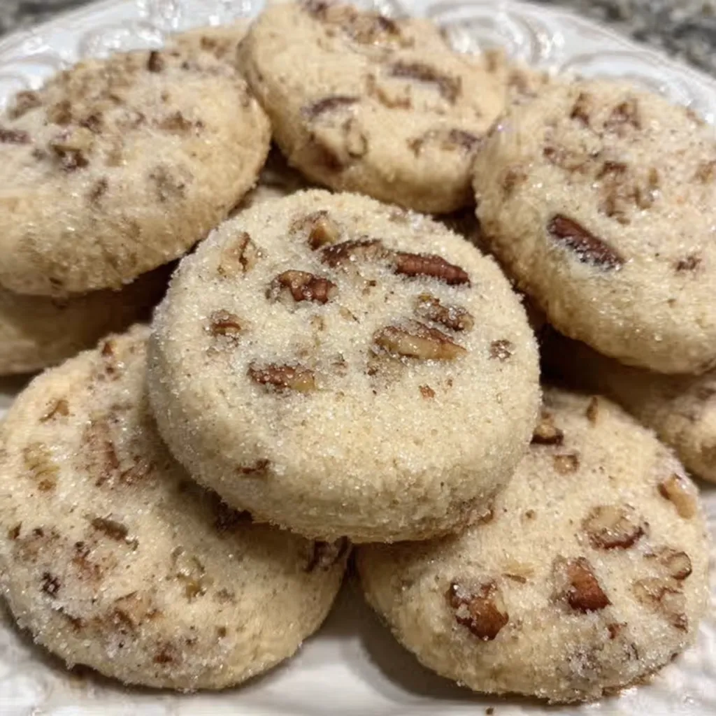 Golden pecan sandies on a cooling rack sprinkled with sugar crystals.