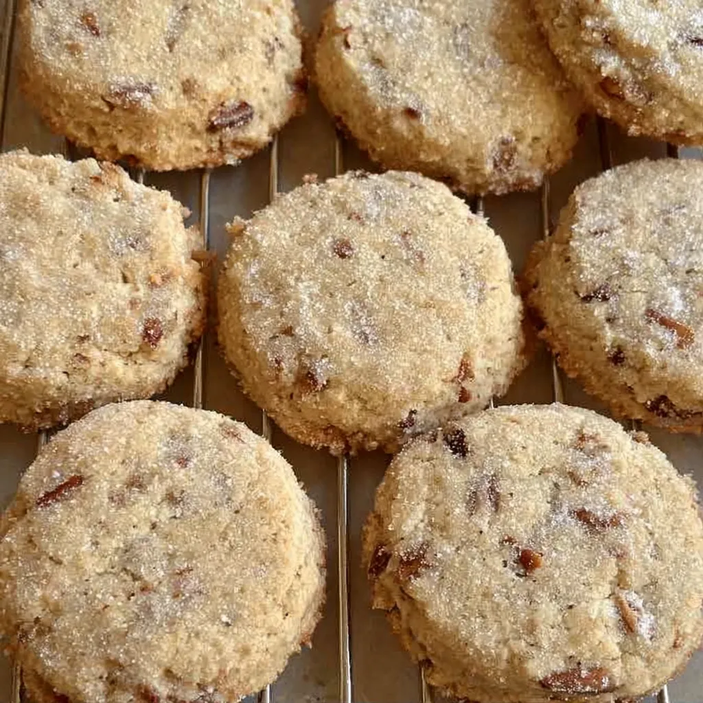 Plate of pecan sandies served with tea, sugar sparkling on top.