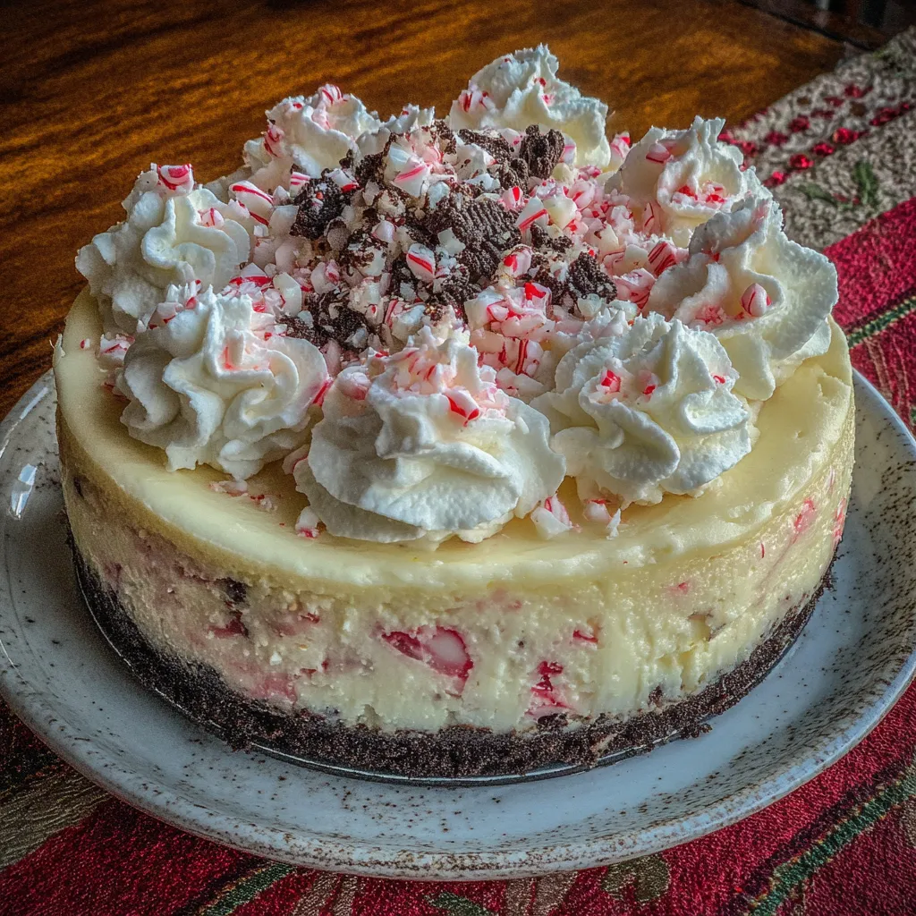 Slice of peppermint bark cheesecake on a plate with whipped cream and candy cane topping.