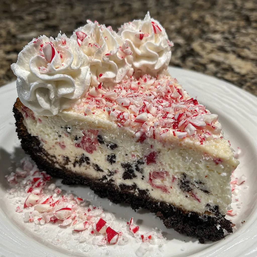 Overhead view of whole peppermint bark cheesecake decorated with crushed candy canes.