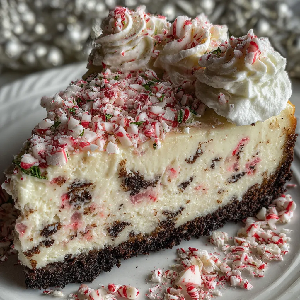 Close-up of peppermint bark cheesecake layers with crunchy cookie crust and creamy filling.