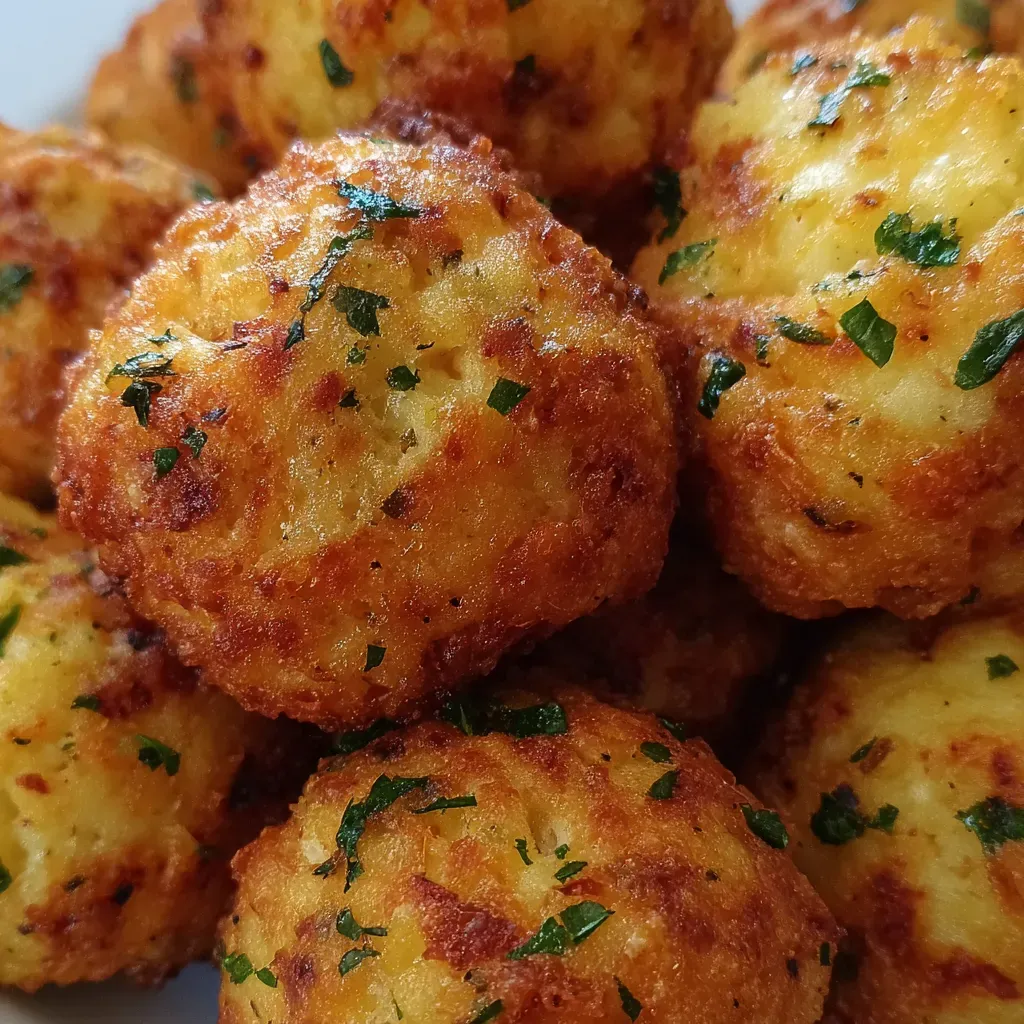 Golden crispy potato cheese balls stacked on a plate with gooey mozzarella center.