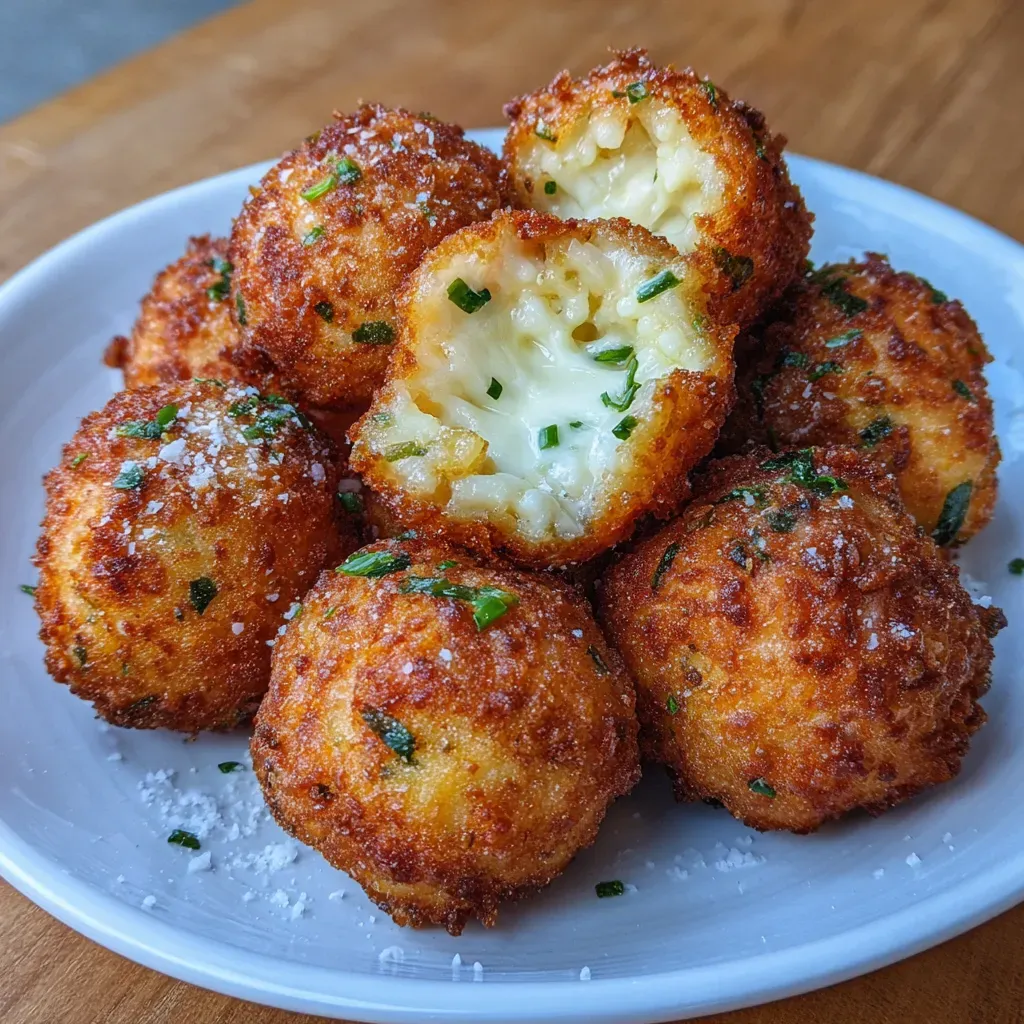 Bowl filled with fried potato cheese balls served with dipping sauce.