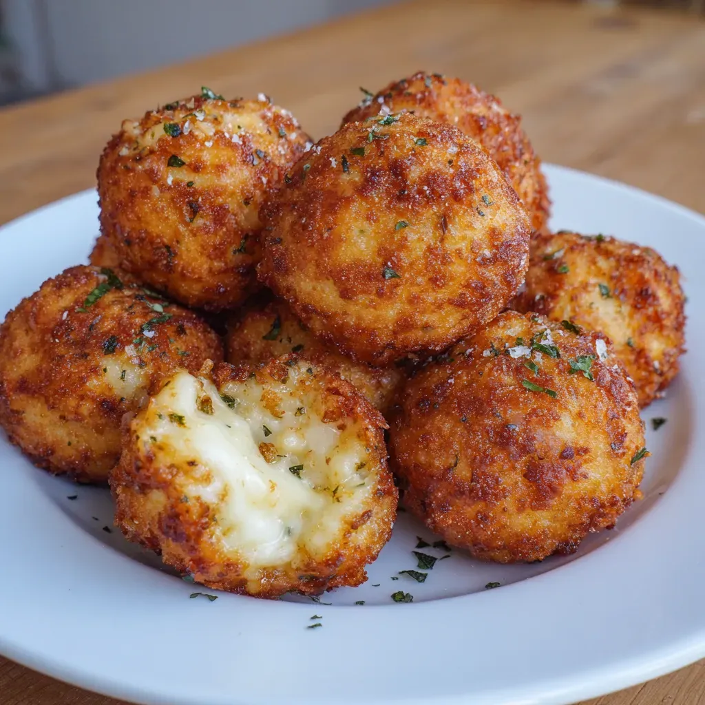 Plate of golden potato cheese balls garnished with herbs and dipping sauce.