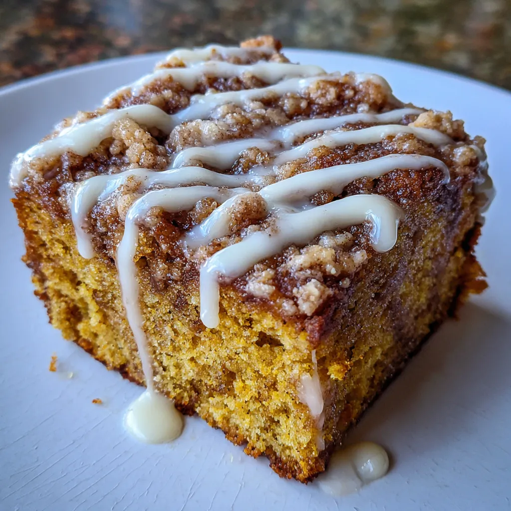 Slice of pumpkin coffee cake with thick streusel topping and glaze drizzle.