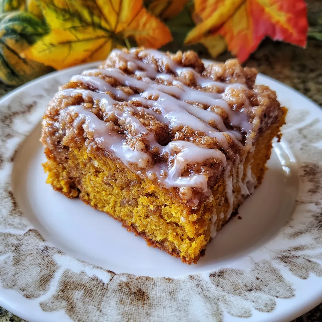 Overhead view of sliced pumpkin coffee cake dusted with glaze on a rustic table.