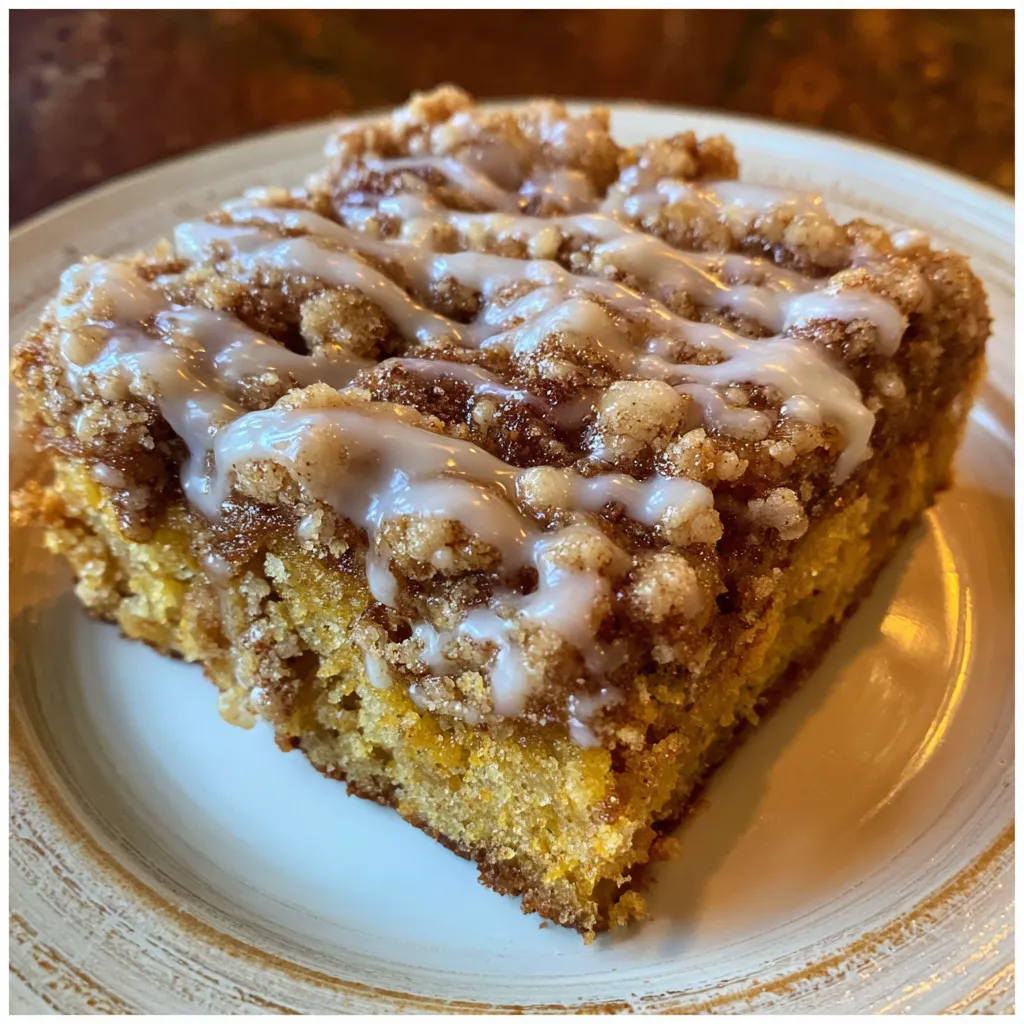 Close-up of a fork cutting into pumpkin coffee cake showing fluffy texture.