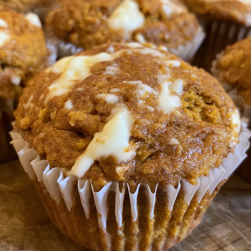 Close-up of muffin cut in half, showing cream cheese filling inside.