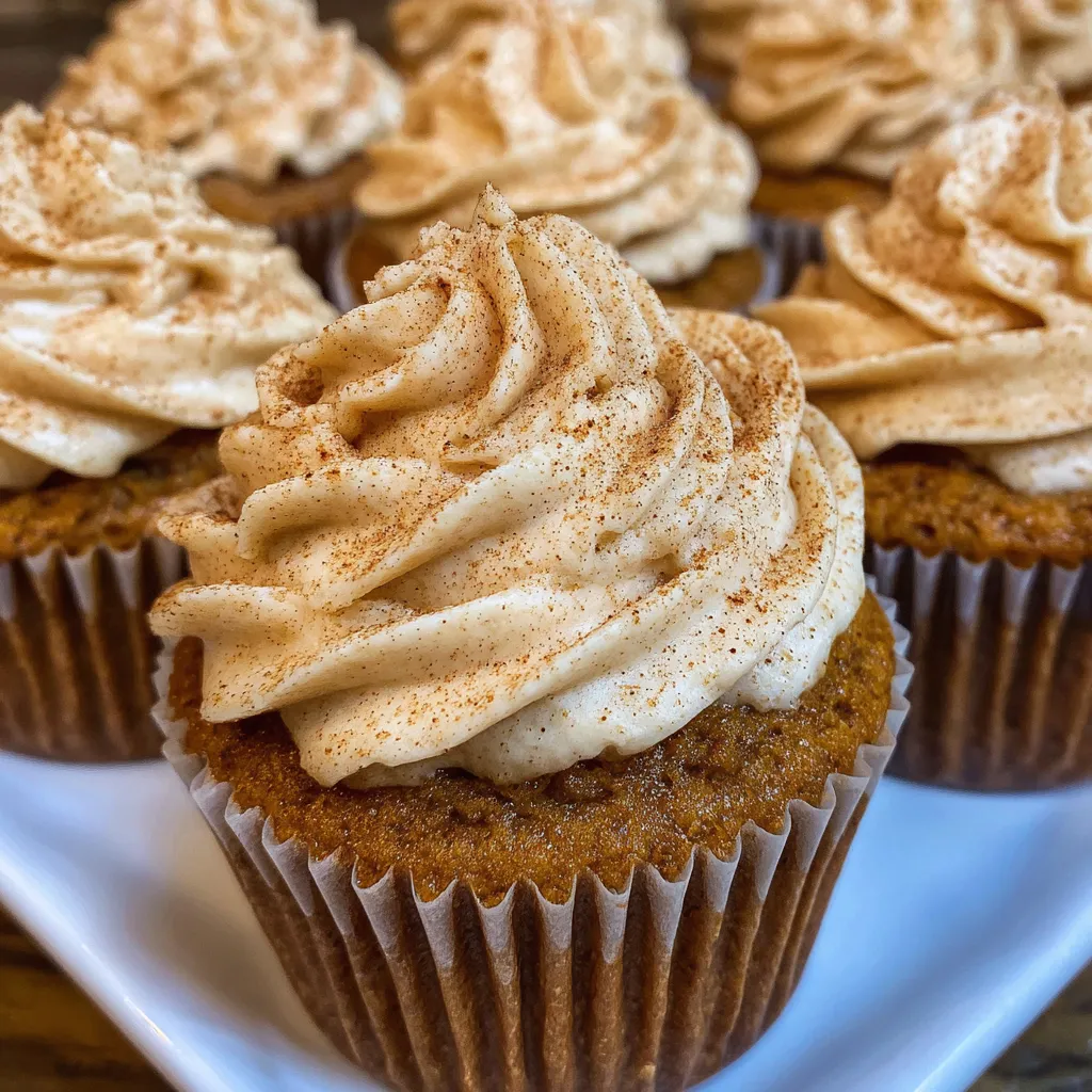 Pumpkin cupcakes with swirls of cream cheese frosting topped with cinnamon.