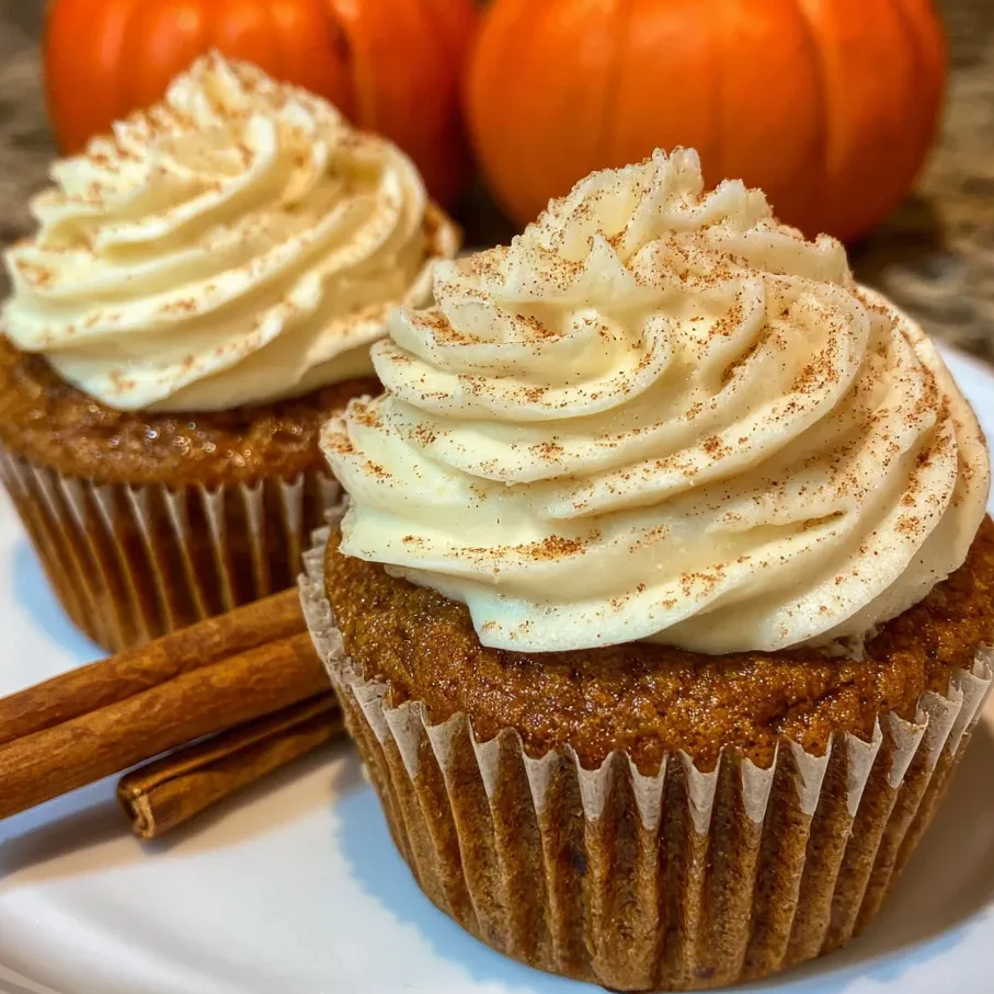 Close-up of cupcake cut in half showing moist pumpkin crumb and creamy frosting.