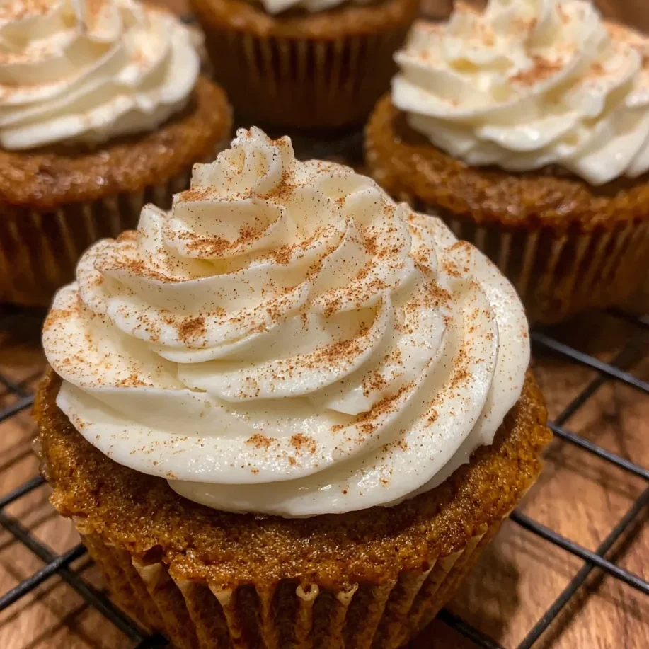 Tray of frosted pumpkin cupcakes decorated with cinnamon sticks and mini pumpkins.