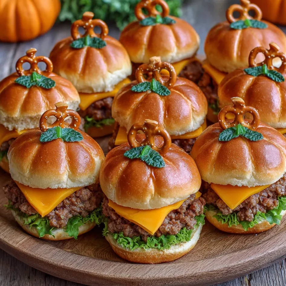 Pumpkin-shaped sliders with pretzel stick stems and parsley leaves on top.