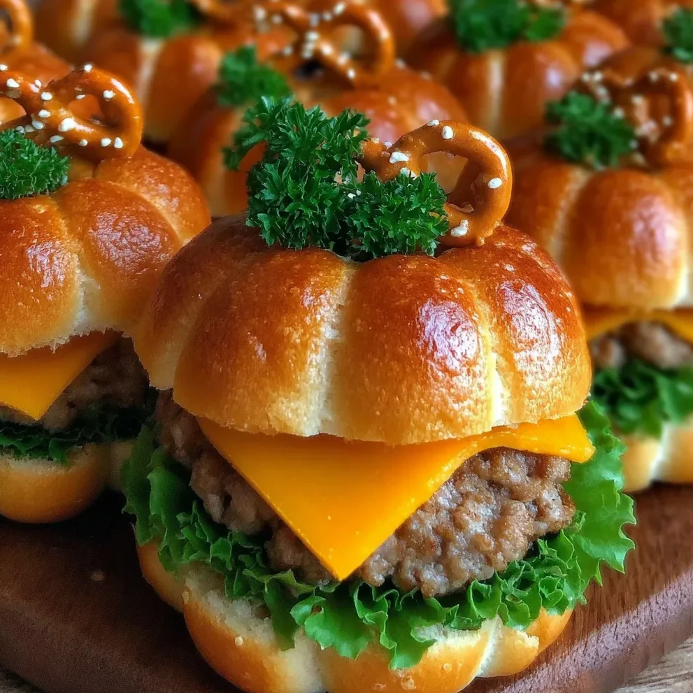 Close-up of sliders showing melted cheddar inside pumpkin-like buns.