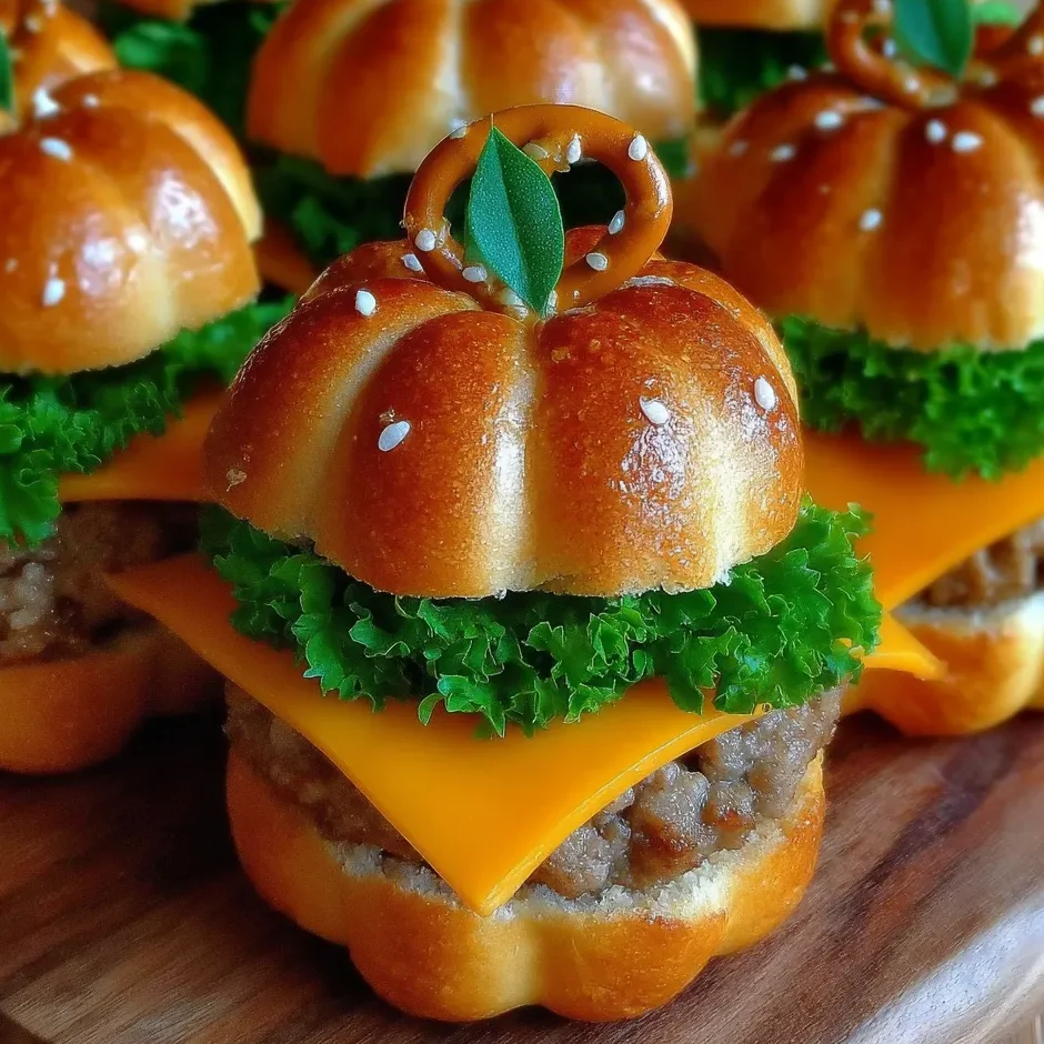 Platter of pumpkin sliders with pretzel stems and herb leaves arranged for serving.