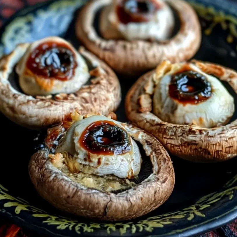 Tray of mushroom eyeballs stuffed with cheesy filling and topped with olives.
