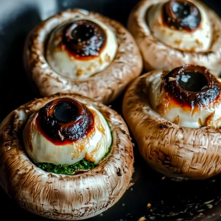 Party platter of mushroom eyeballs with ketchup “veins” for a creepy effect.