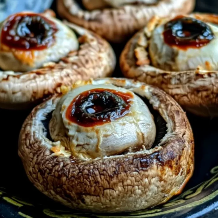 Guest picking up a stuffed mushroom eyeball from a Halloween table.