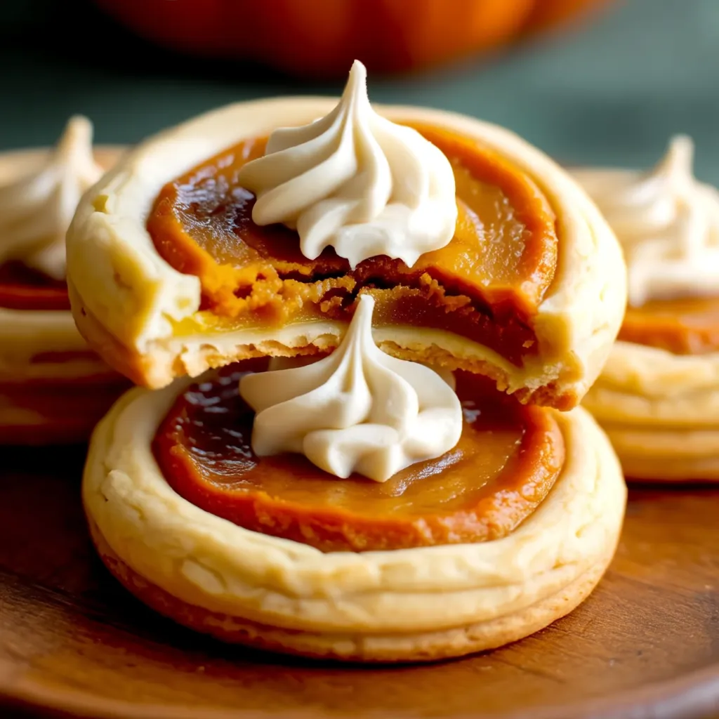 Close-up of a cookie cut in half, showing creamy pumpkin pie center inside shortbread.