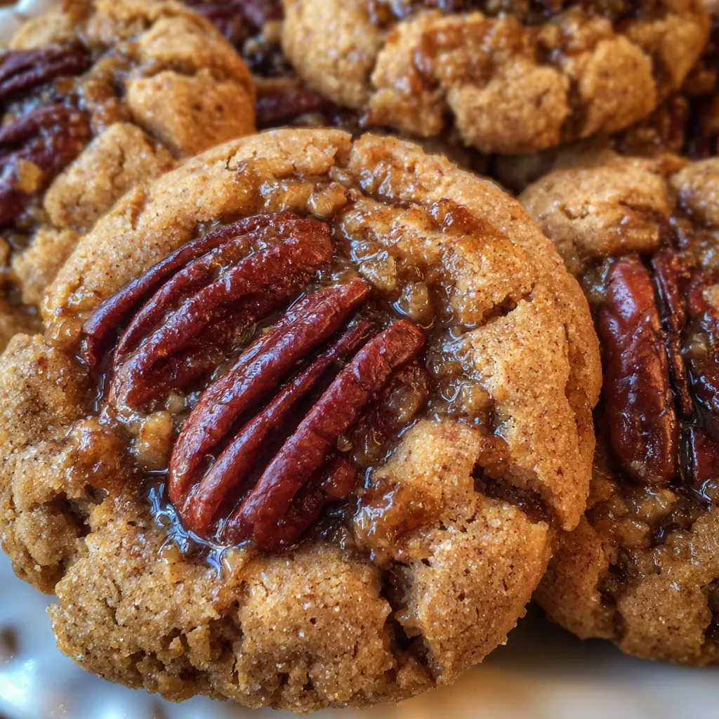 Vegan pecan pie cookies with gooey pecan filling on a rustic plate.
