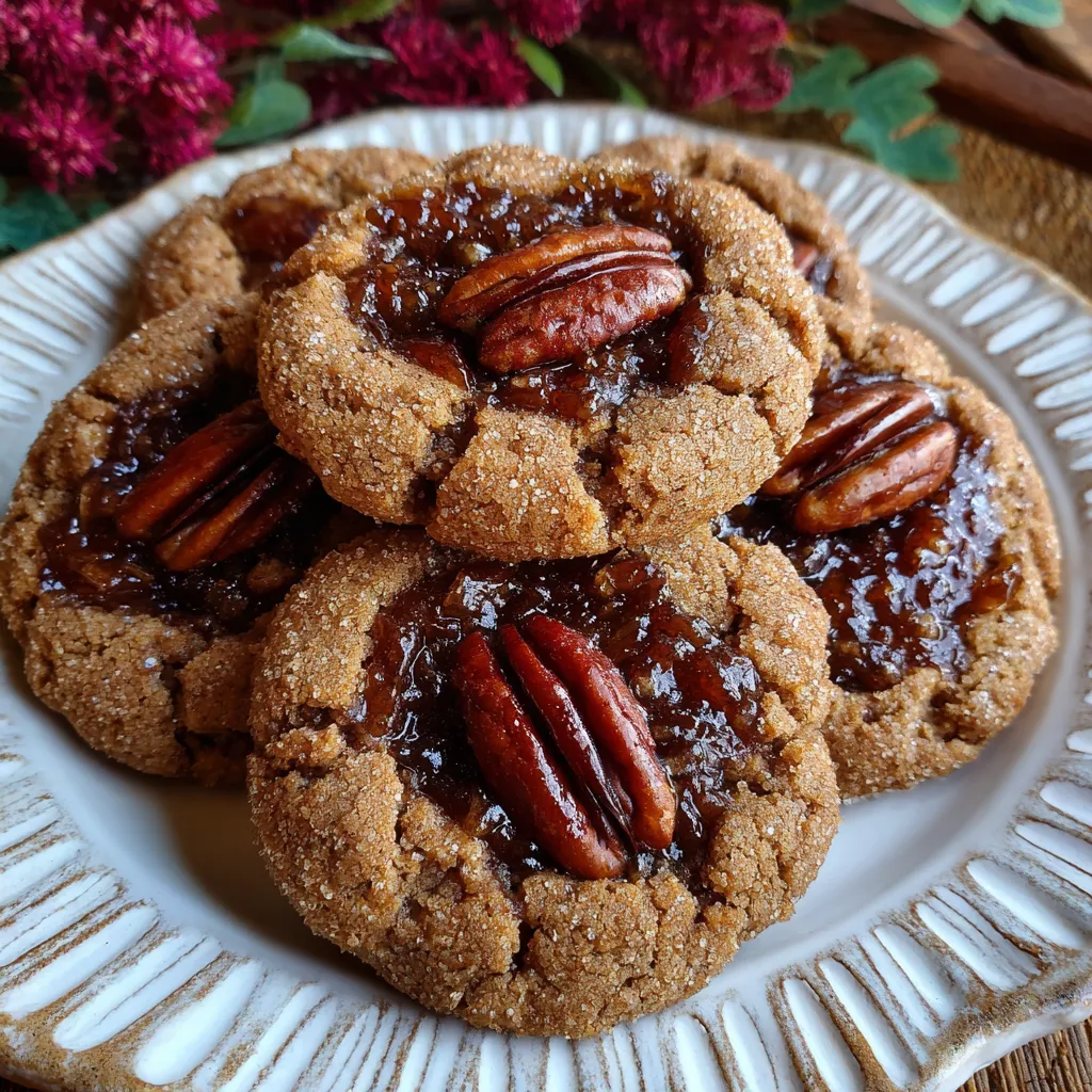 Close-up of a cookie with glossy pecan topping and chewy edges.