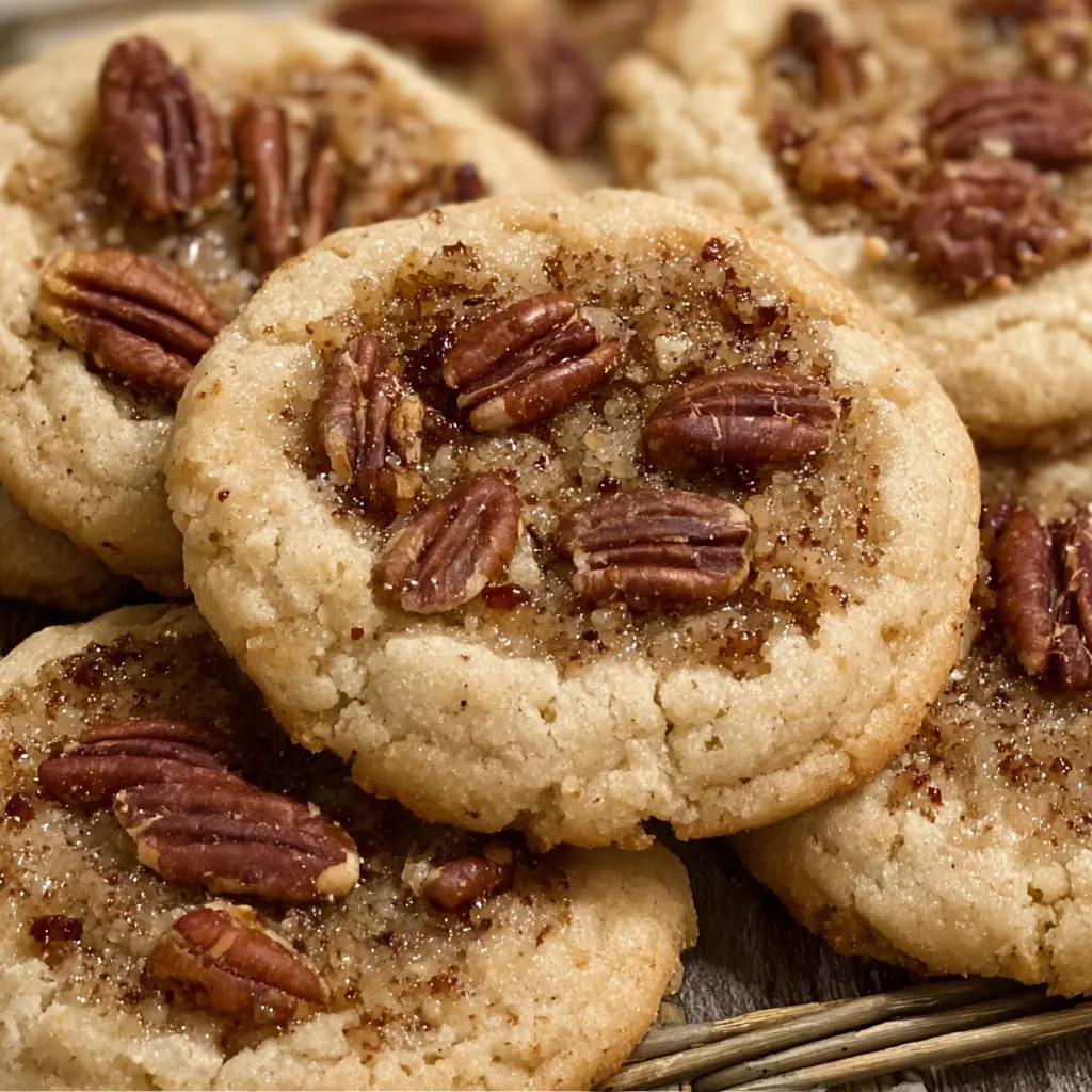 Close-up of a cookie with glossy pecan topping and golden edges.