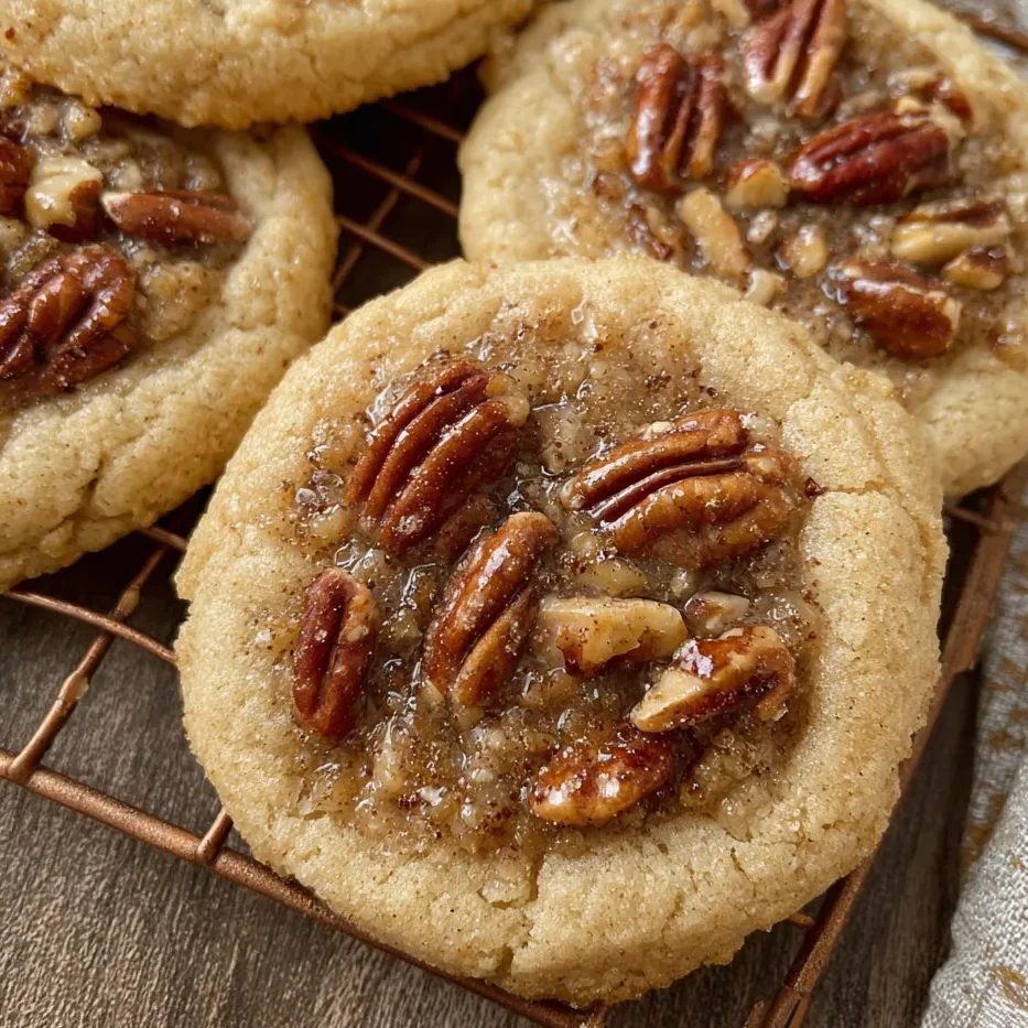 Plate of pecan pie cookies arranged with cinnamon sticks and fall leaves.