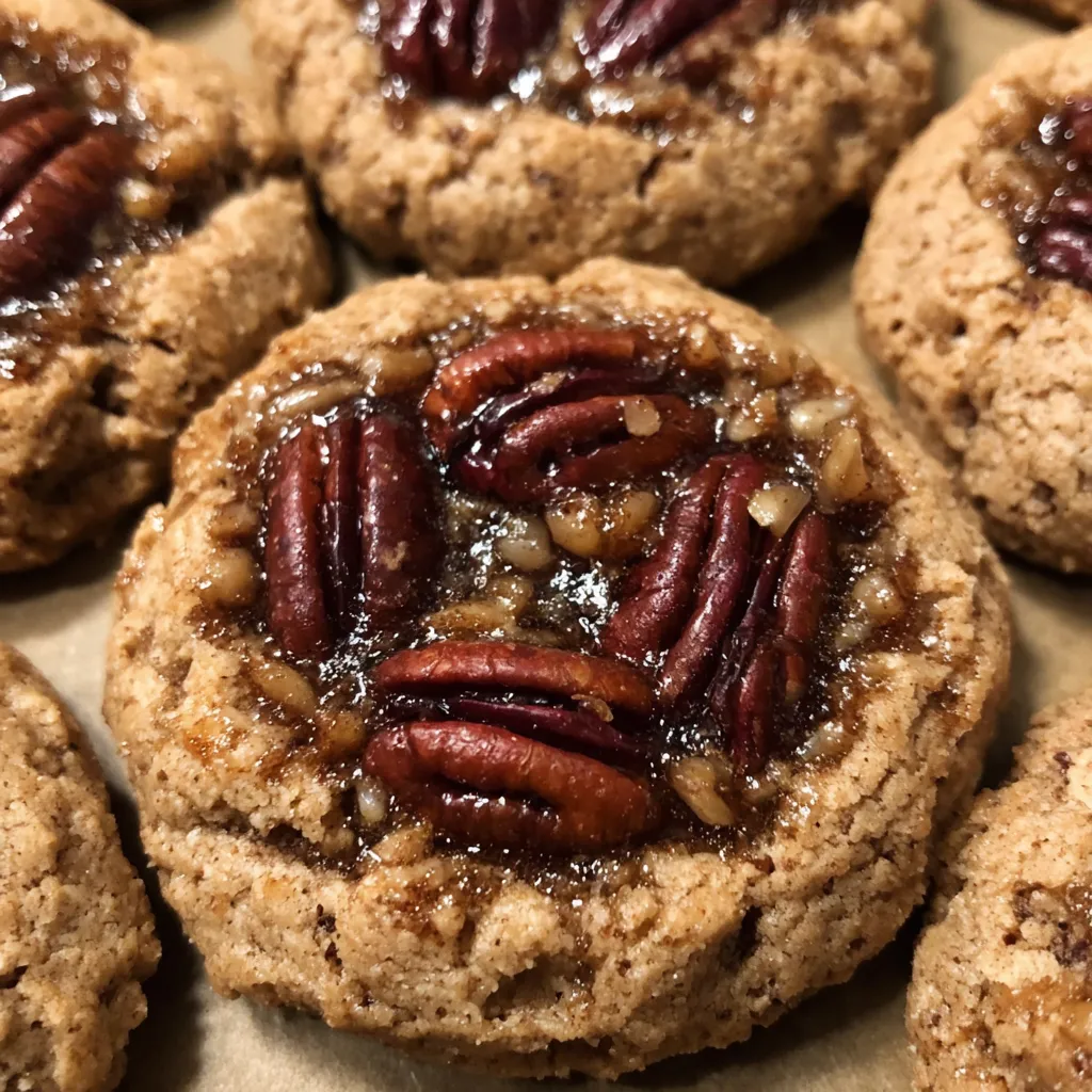 Cookie broken in half showing chewy crumb and sticky pecan filling.