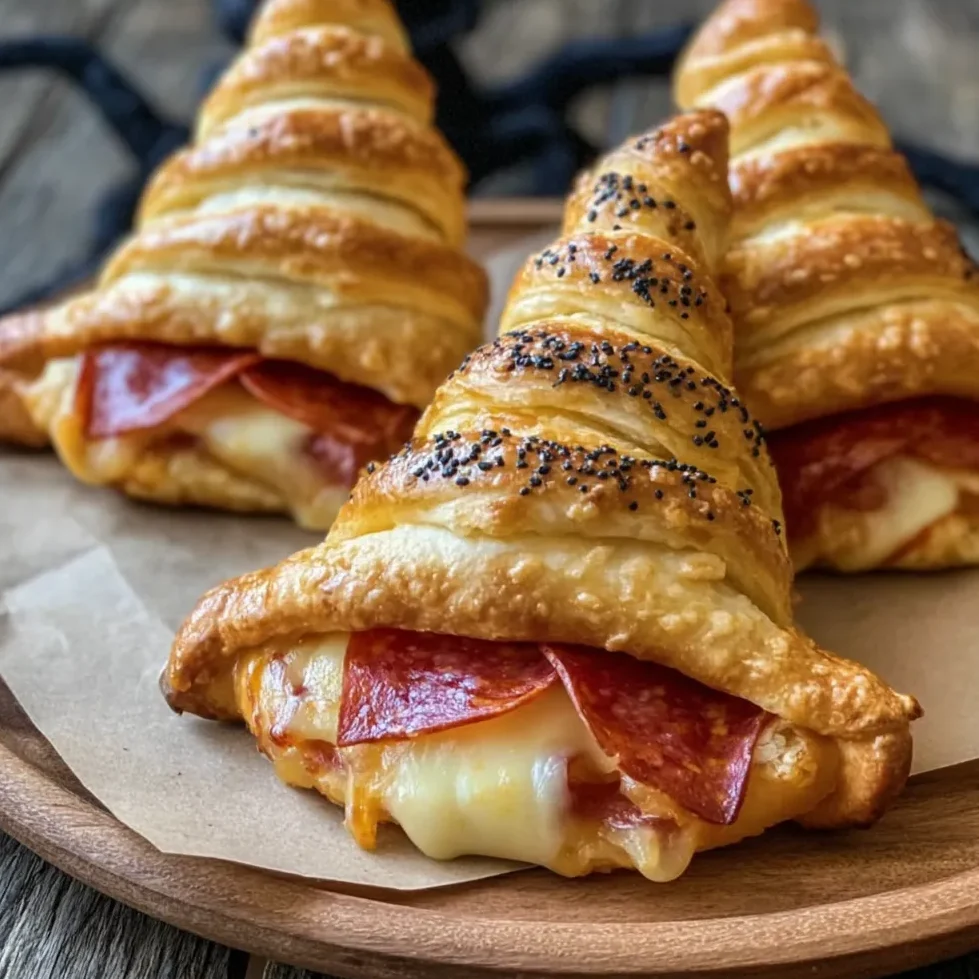 Close-up of a crescent roll shaped like a witch hat with sesame seed topping.