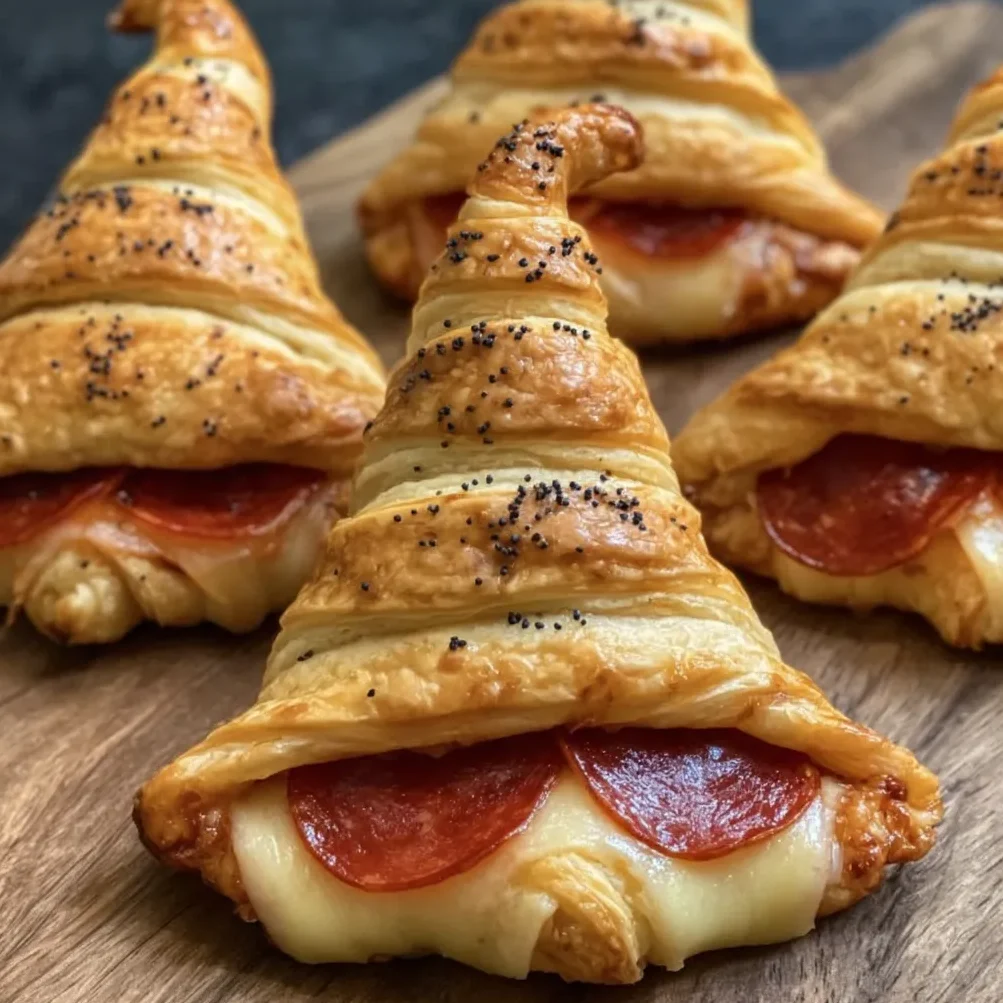 Kids reaching for witch hat crescent rolls on a Halloween-themed table.