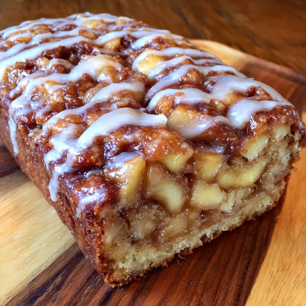 Glazed Amish apple fritter bread sliced to show swirled cinnamon and apple chunks.
