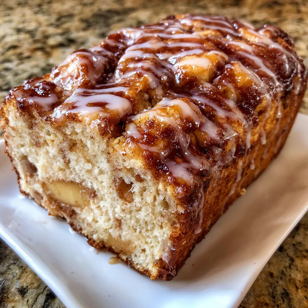 Close-up of apple bread slice with glaze dripping and golden crumb.
