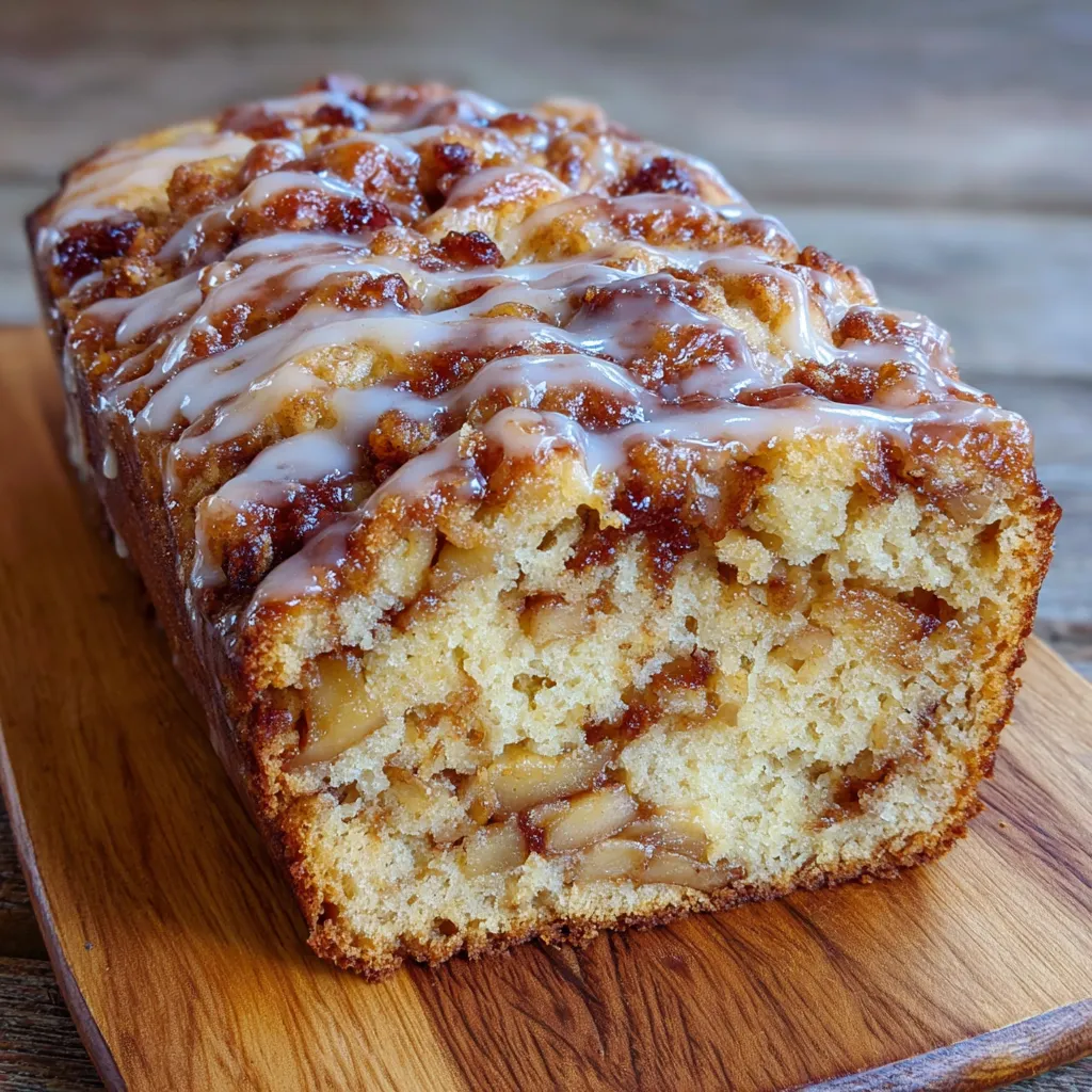 Loaf of apple fritter bread cooling on a rack with glaze poured on top.