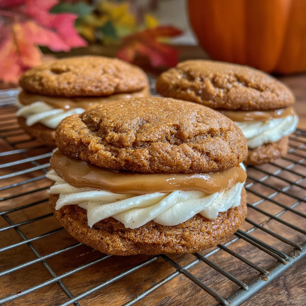 Plate of whoopie pies with apple slices and cinnamon sticks nearby.