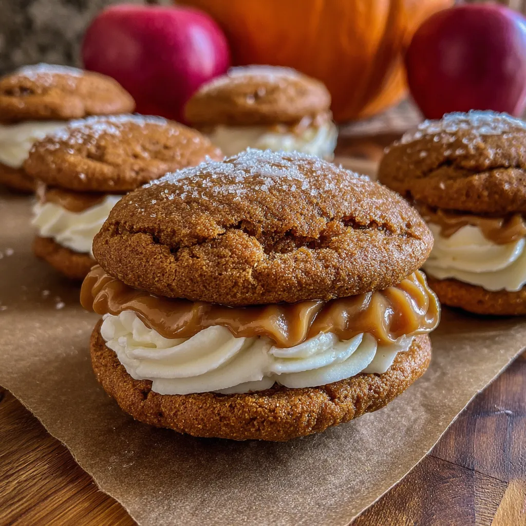 Close-up of whoopie pie showing fluffy cookie layers and caramel filling.