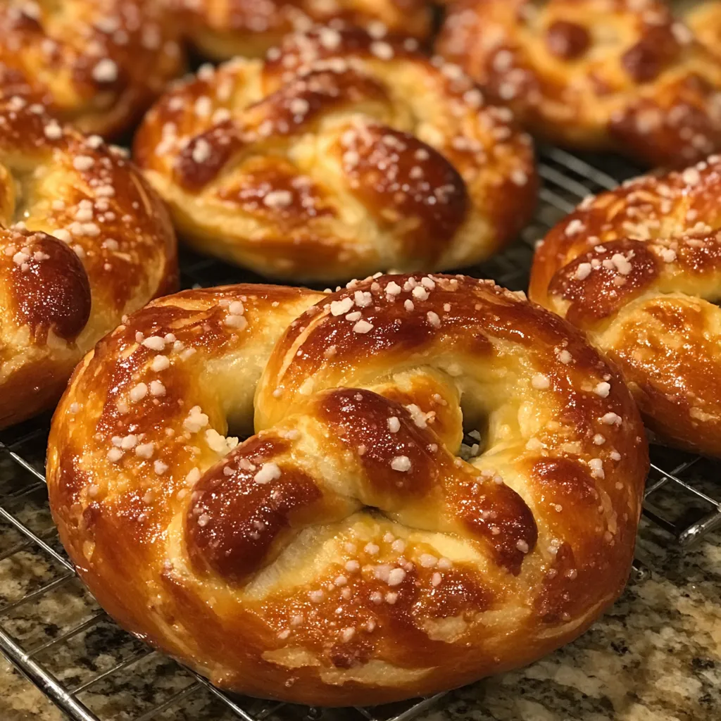 Basket of freshly baked soft pretzels with butter glaze