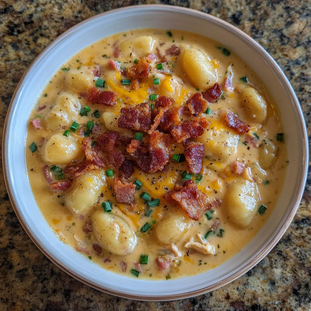 Bowl of creamy bacon cheddar gnocchi soup garnished with herbs and bacon.