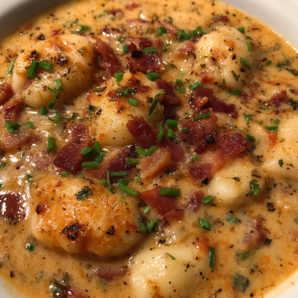 Pot of steaming gnocchi soup with ladle full of cheesy broth.