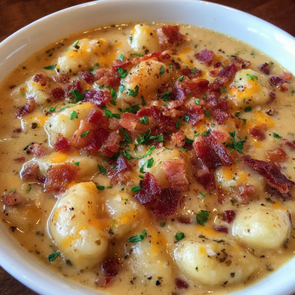Spoonful of creamy gnocchi soup topped with cheddar and bacon crumbles.