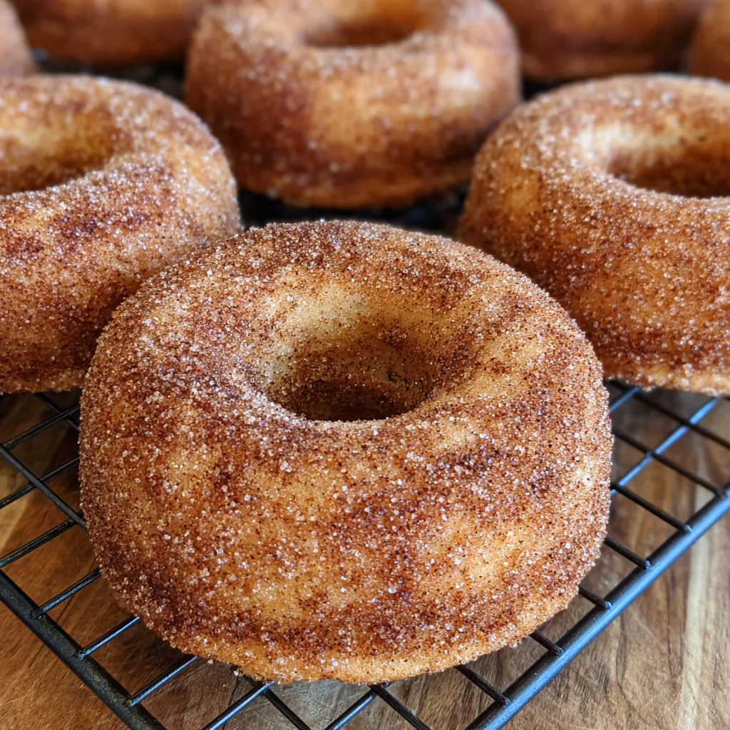 Baked apple cider donuts coated in cinnamon sugar on a rustic board.