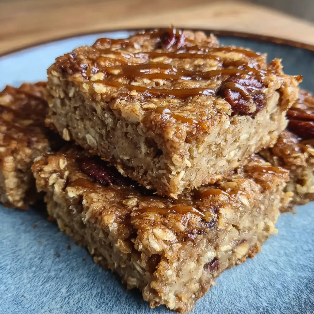 Stack of oatmeal bars tied with twine beside a glass of almond milk.