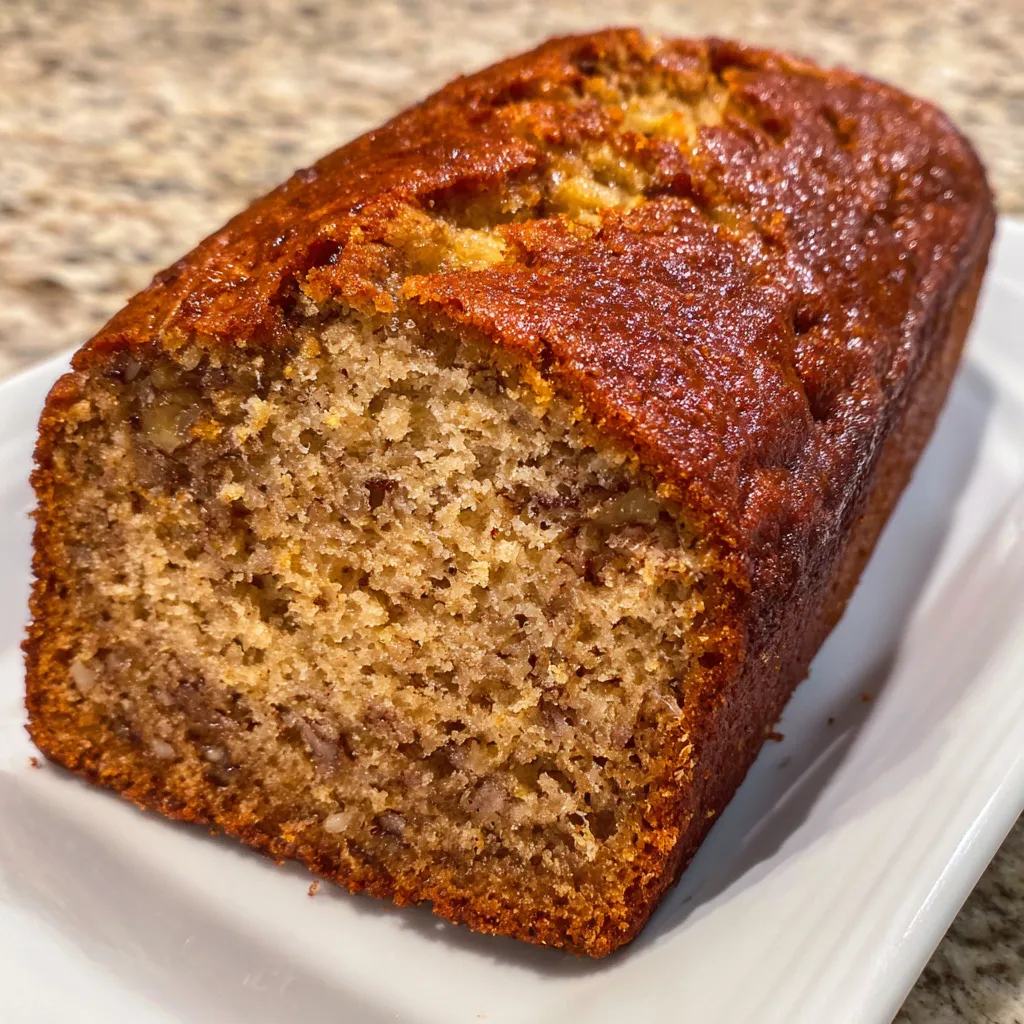 Freshly baked banana bread loaf on a wooden board