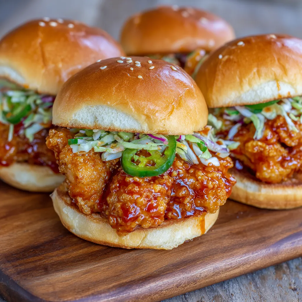 Tray of Bang Bang chicken sliders with lettuce and sesame garnish.