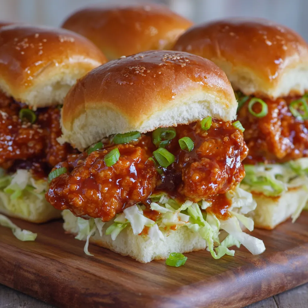 Close-up of slider with saucy chicken dripping slightly from bun.