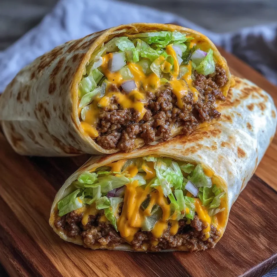 Big Mac wrap cut in half showing beef, cheese, lettuce, and special sauce.