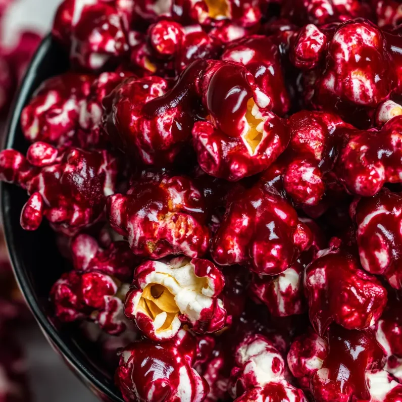 Bowl of red velvet popcorn drizzled with white chocolate for a bloody effect.
