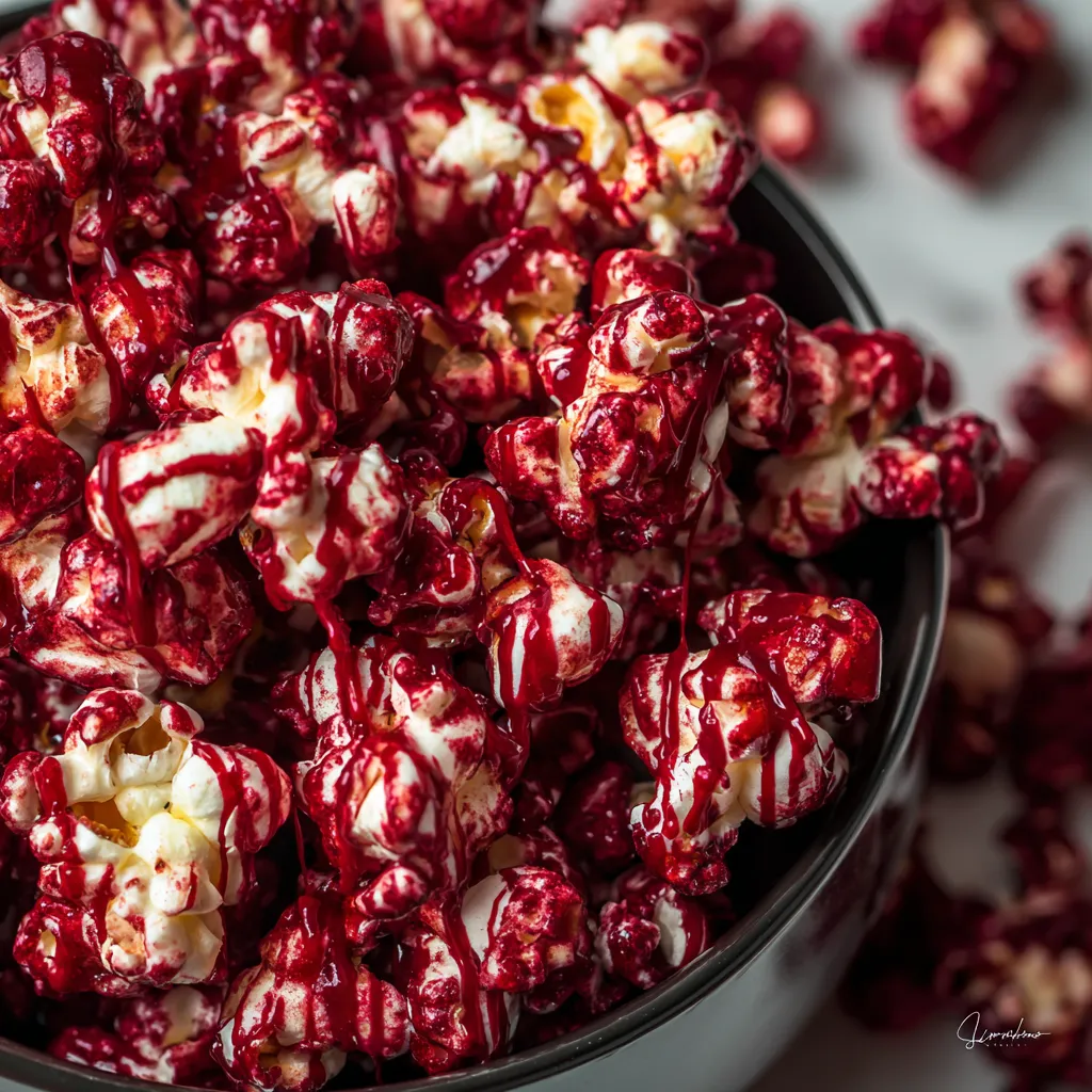 Close-up of red popcorn clusters with white drizzle and cocoa coating.